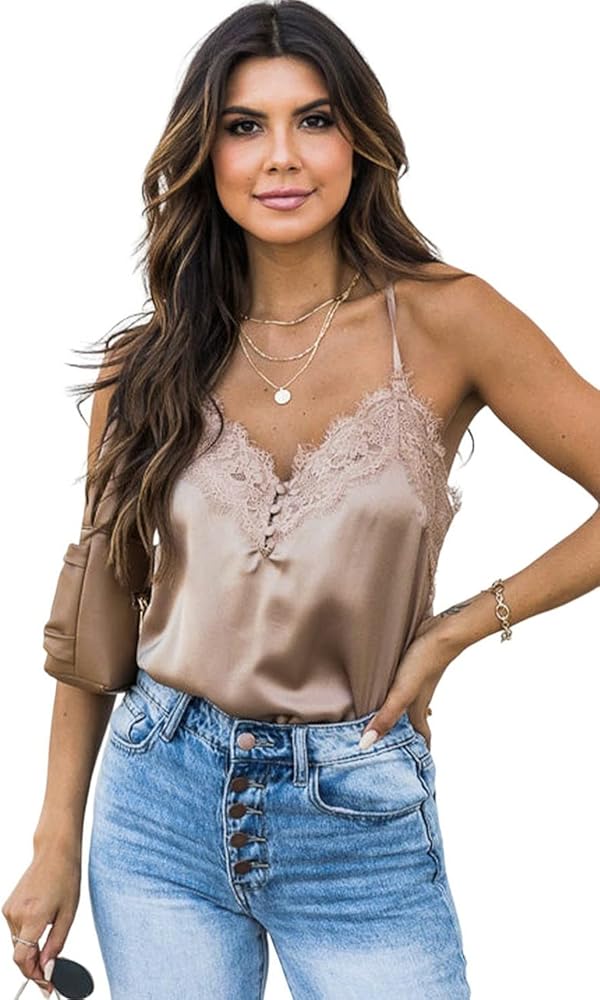 Women's Apricot Lace Neckline Sleeveless Satin Bodysuit Casual Solid Sleeveless Tees Tops