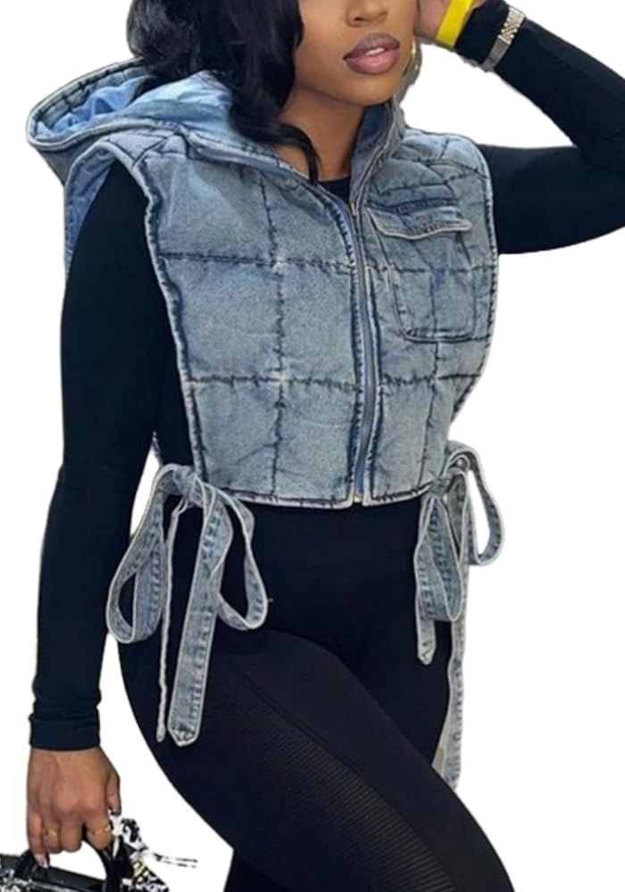 Vaceky Women's Denim Cropped Puffer Vest Sleeveless Zip up Hoodie Jean Jacket Outerwear