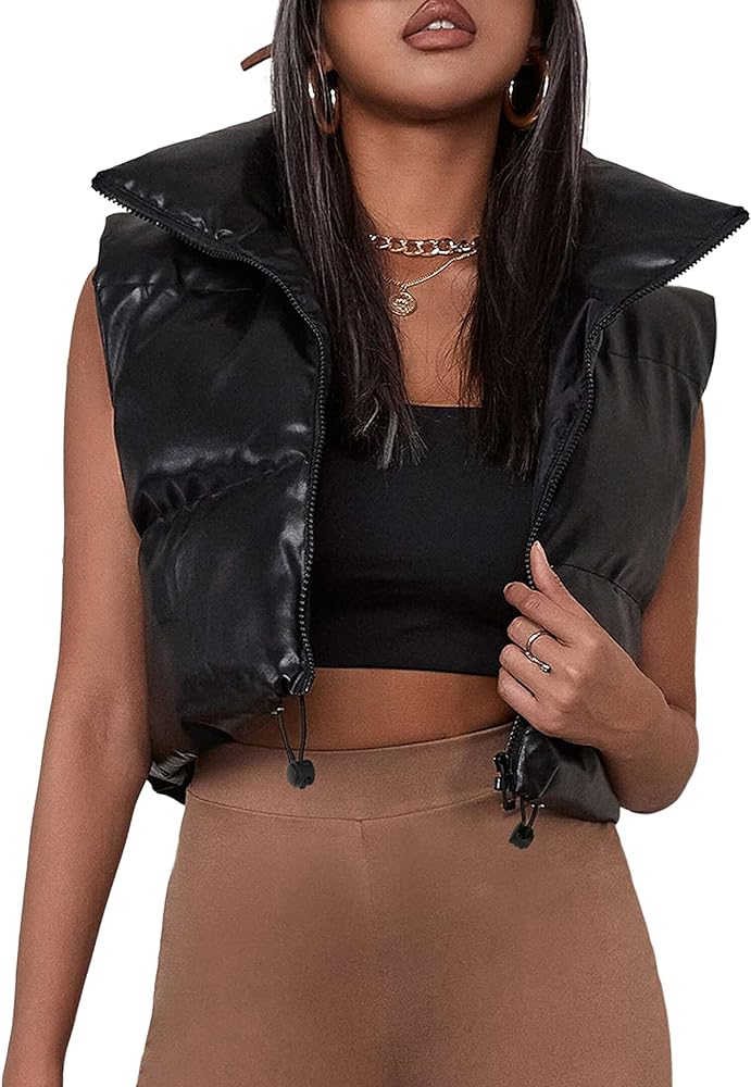 UANEO Womens PU Leather Cropped Puffer Vest Winter Faux Leather Zip Up Sleeveless Jacket