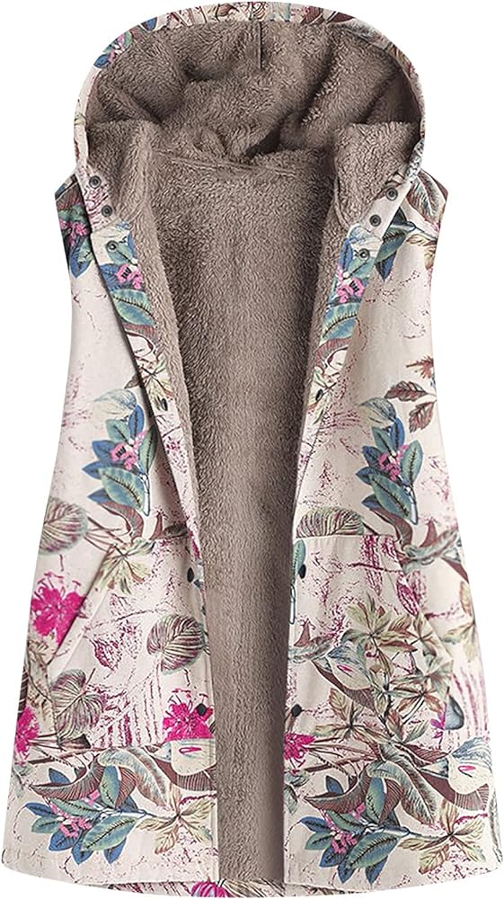 Womens Fuzzy Sherpa Fleece Jacket Winter Floral Printed Hooded Button Up Vests Waistcoat Outerwear with Pockets