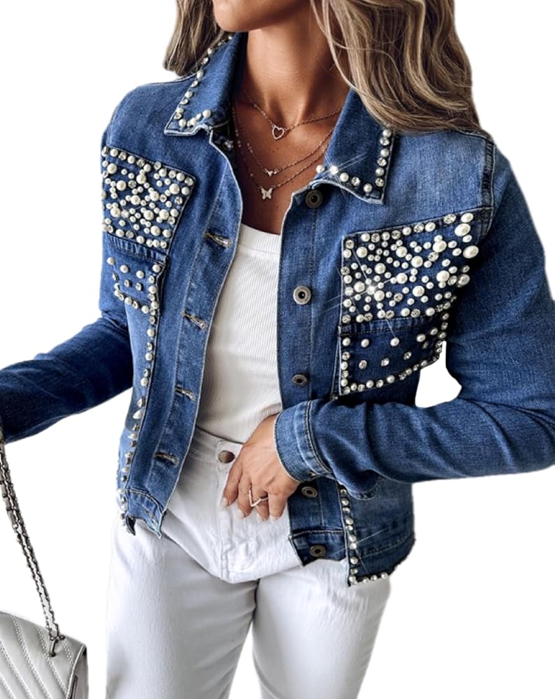 LifeShe Women's Pearls Denim Jacket Cropped Rhinestones Jean Blazer Coat