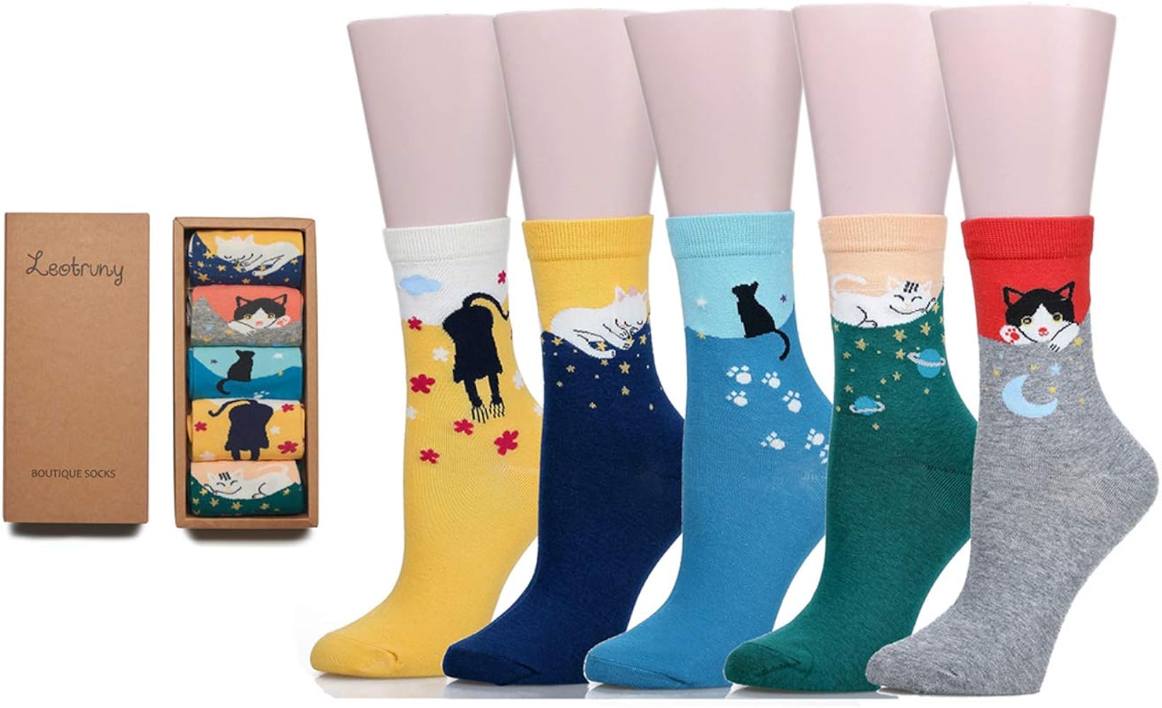 Leotruny Women's Colorful Cute Cat Crew Socks with Gift Box