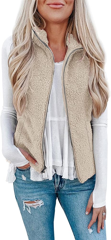 LOMON Womens Fuzzy Sherpa Fleece Jacket Lightweight Vest Cozy Sleeveless Cardigan Zipper Waistcoat Outerwear with Pocket