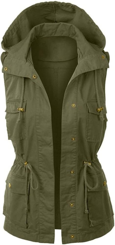 Hooded Cargo Vest for Women Drawstring Casual Button Down Sleeveless Jackets Plus Size Lightweight Outdoor Work Waistcoat