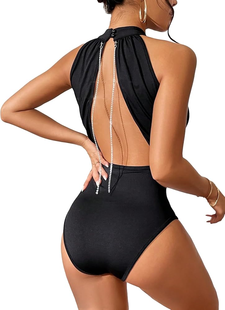 GORGLITTER Women's Backless Sleeveless One Pieces Bodysuit Sleeveless Chain Sexy Leotard Top