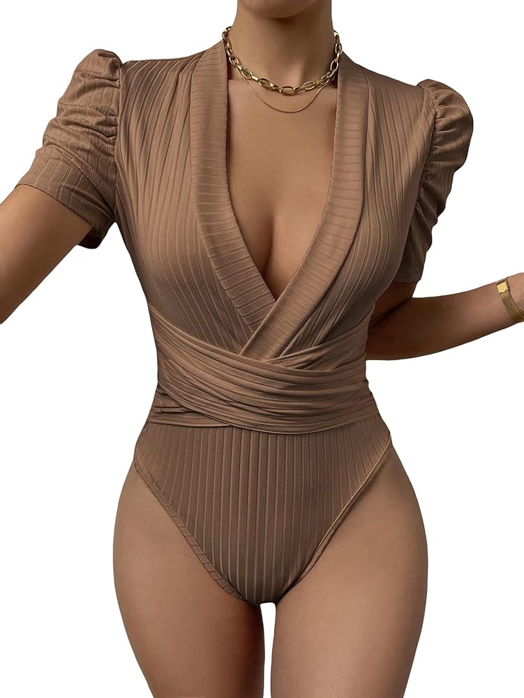 Milumia Women's Rib Knit Plunging Deep V Neck Bodysuit Short Puff Sleeve Leotard Tops