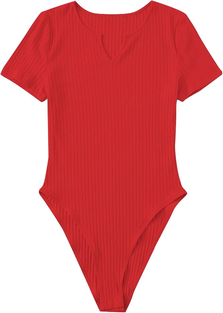 Milumia Women Notched V Neck Short Sleeves Ribbed Knit Solid Work Bodysuits Tops Red X-Small