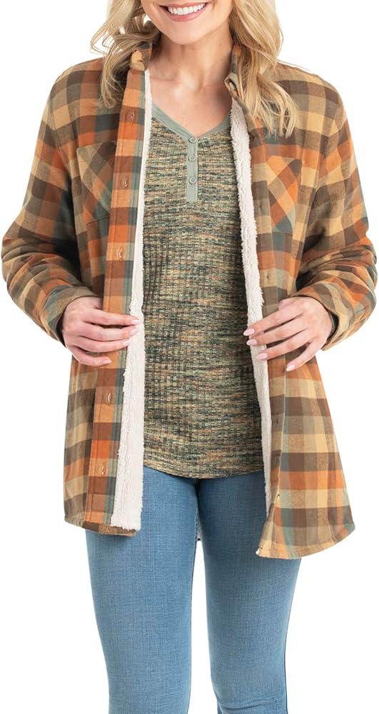 Legendary Whitetails Women's Open Country Flannel Shacket Sherpa Lined Plaid Fleece Shirt Jacket Ladies Western Clothing Coat