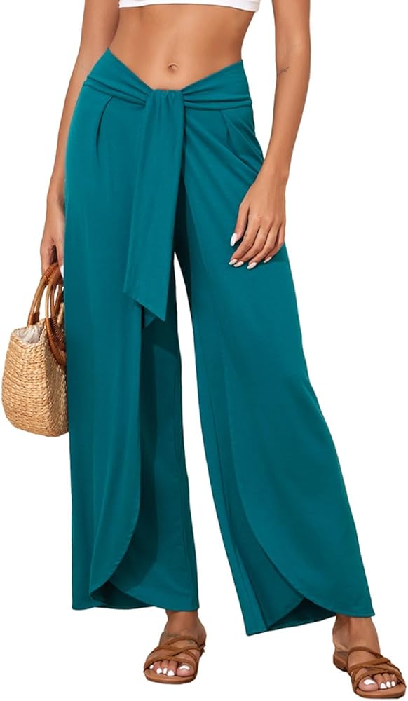 Herseas Womens Beach Pants Split Wide Leg Beach Cover Up Pants Palazzo Flowy Casual Lounge Pants