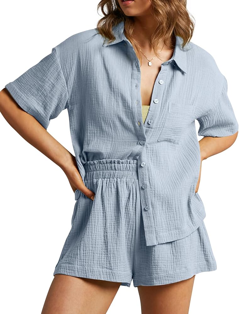 Women's 2 Piece Casual Outfits Cotton Linen Button Down Shirt Top High Waisted Shorts Set Tracksuit