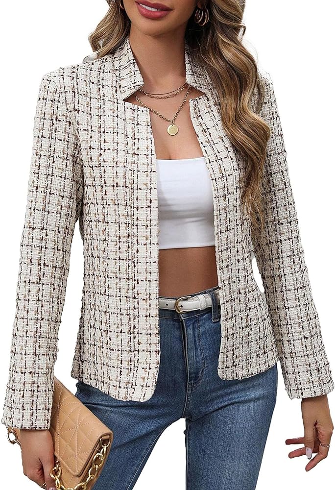 Womens' 2024 Fall Tweed Blazer Jacket Notch Collar Cardigans Fully Lined Casual Fashion Trendy Elegant Work Office Coat