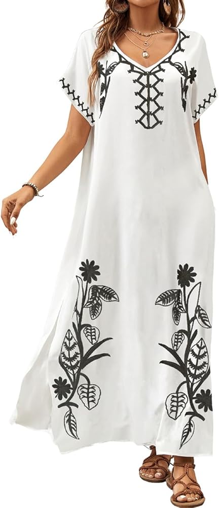 Bsubseach Kaftan Dresses for Women Swimsuit Coverup Beach Caftans Cover Ups for Swimwear Loungewear Floral Embroidery