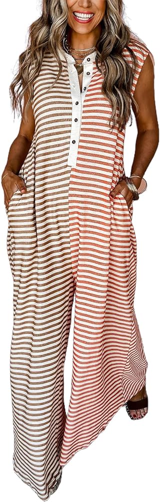 HOULENGS Women's Casual Striped Sleeveless Jumpsuit Wide Leg Flowy Rompers Button Baggy One Piece Overalls with Pockets