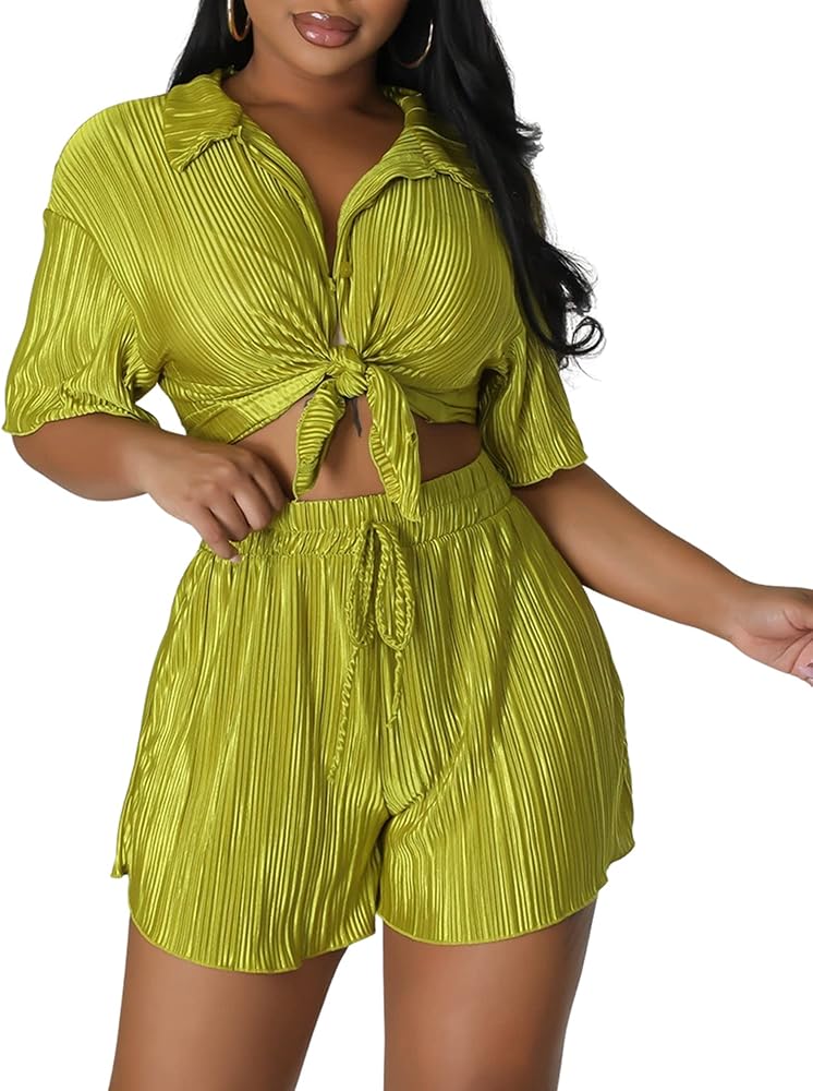 Two Piece Outfits for Women Summer Vacation Pleated Button Down Shirt Shorts Sexy 2 Piece Set Casual Y2K Jumpsuits