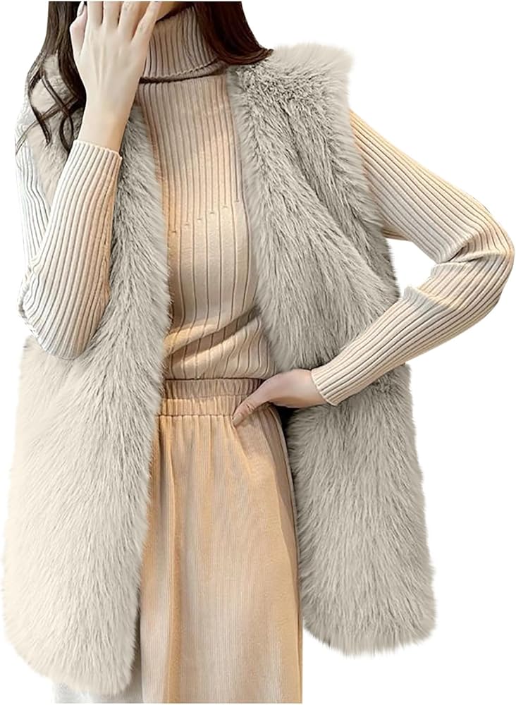 Fluffy Faux Fur Vest for Women Open Front Sleeveless Luxury Cardigan Fashion Winter Warm Soft Jacket Coats