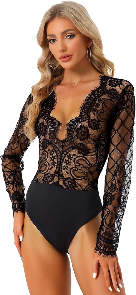 Allegra K Women's Long Sleeve Bodysuit Clubwear V Neck Lace Mesh See Through Jumpsuits Rompers Top