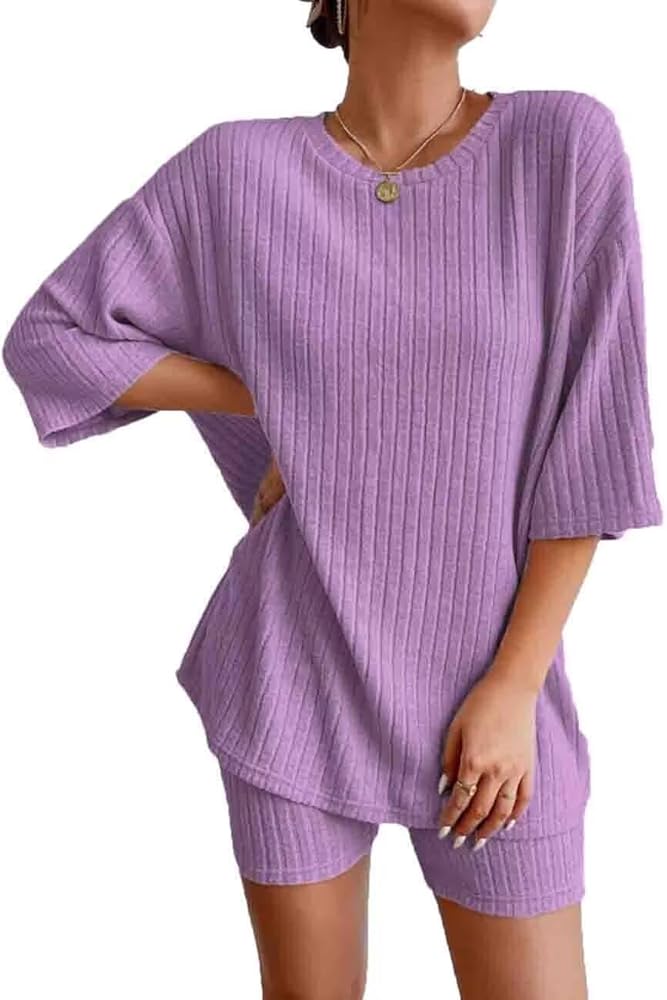 Women's 2 Piece Lounge Sets Pajamas Ribbed Knit Short Sleeve T-Shirt and Bike Shorts Set Outfits