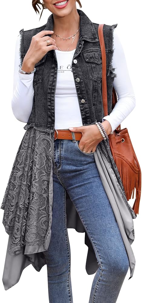 Flygo Women's Sleeveless Denim Vest Jean Dress Mid Long Irregular Lace Patchwork Draped Cardigan Jacket