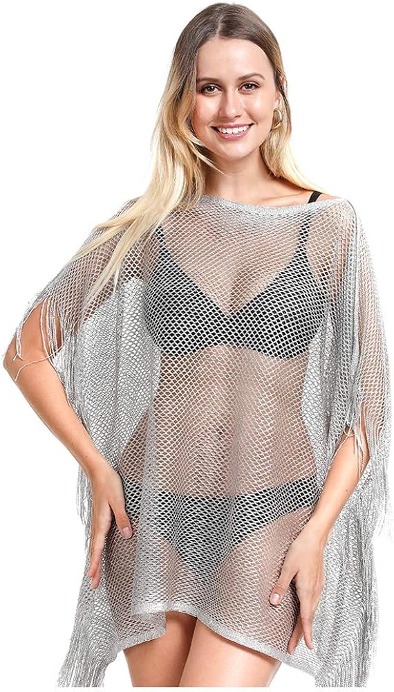 Women’s Swimsuit Cover Up for Beach Pool Sparkle Glitter Crochet Mesh Swimwear Crochet Dress