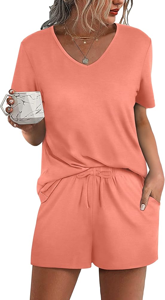 Aloodor Lounge Set for Women 2 Piece Outfits Short Sleeve V Neck Pjs Sleepwear Soft