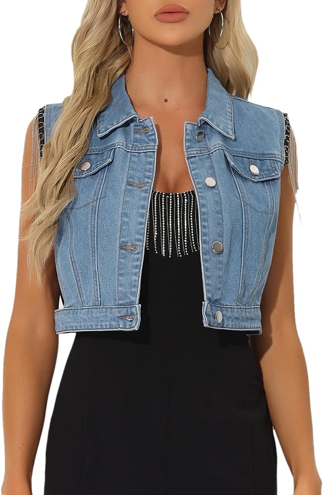 Allegra K Denim Vest for Women's 2024 Buttoned Cropped Length Tassel Sleeveless Jean Jackets