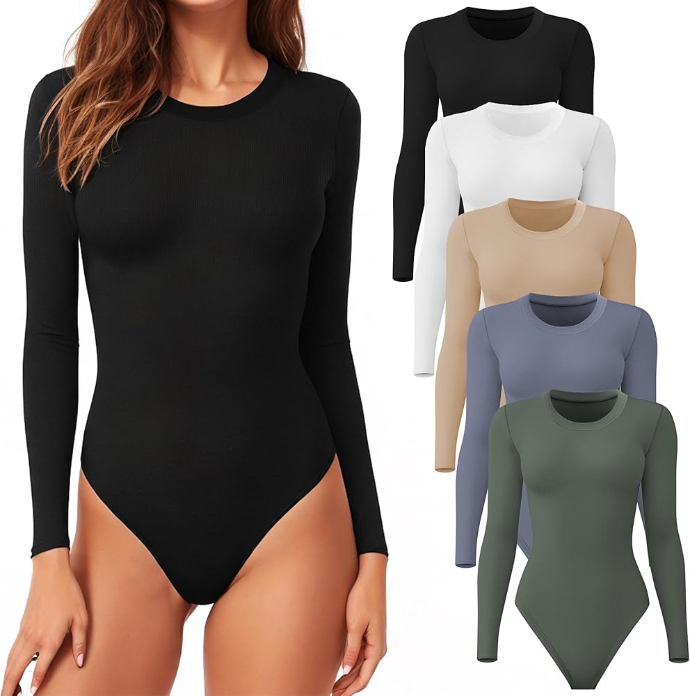 CE' CERDR 4/5 Pack Long Sleeve Bodysuit for Women Round Neck Casual Stretchy Basic Shirts Crew Neck Body Suits Tops