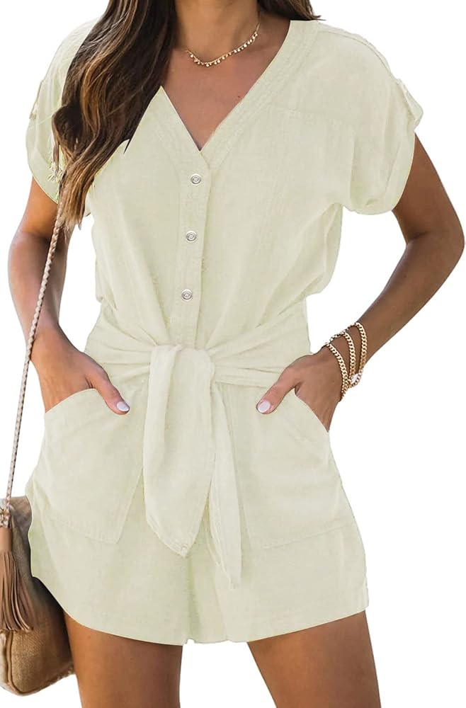 chouyatou Women's Summer Short Sleeve V-Neck Button Front Loose Romper Casual Jumpsuits Shortalls Pocket