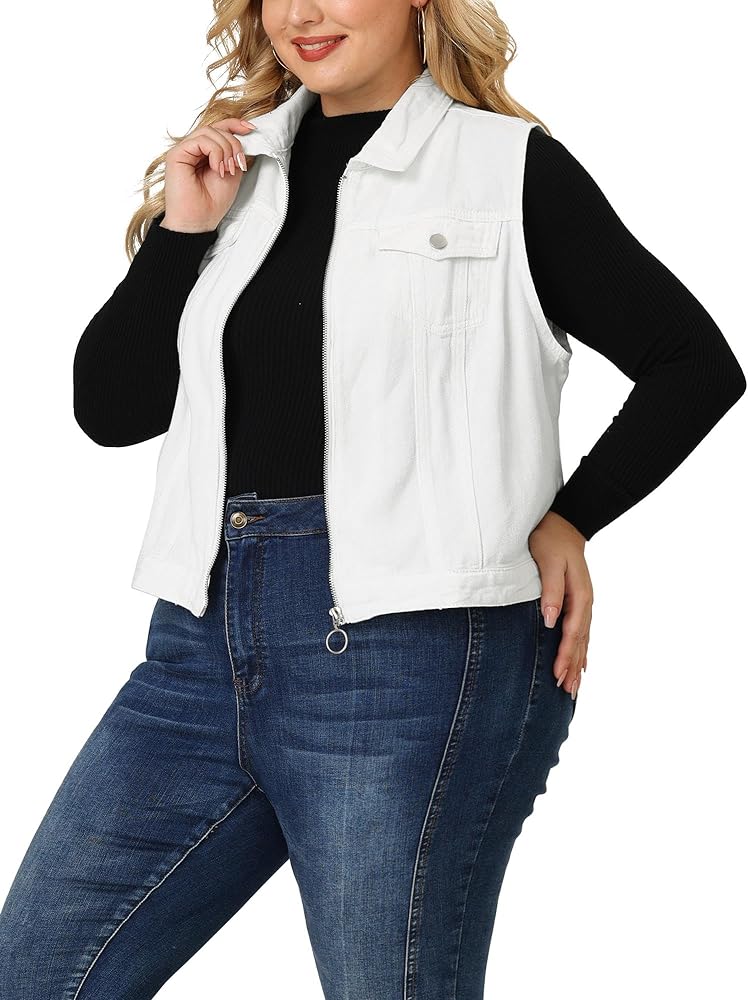 Agnes Orinda Plus Size Denim Vest for Women Sleeveless Zip Up Button Down Jeans Jacket Vest