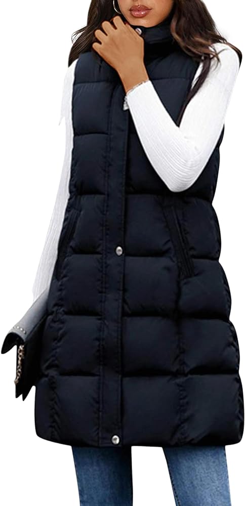 Tanming Women's Long Puffer Vest Cotton Sleeveless Puffy Jacket with Removable Hood