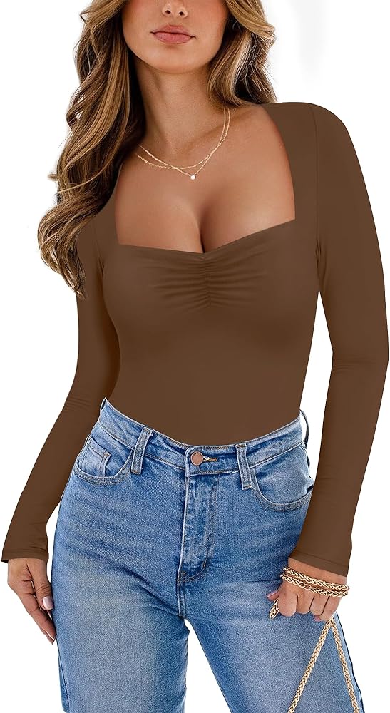 Women's Pleated Sweetheart Neck Long Sleeve Bodysuit Double Lined Basic Bodysuit Tops for Going Out