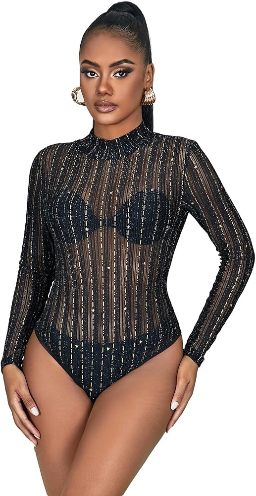 ohyeah Women Plus Size Long Sleeve Lace Bodysuit Mock Turtleneck Bodysuit Tops Mesh Clubwear Leotard Sexy Outfits