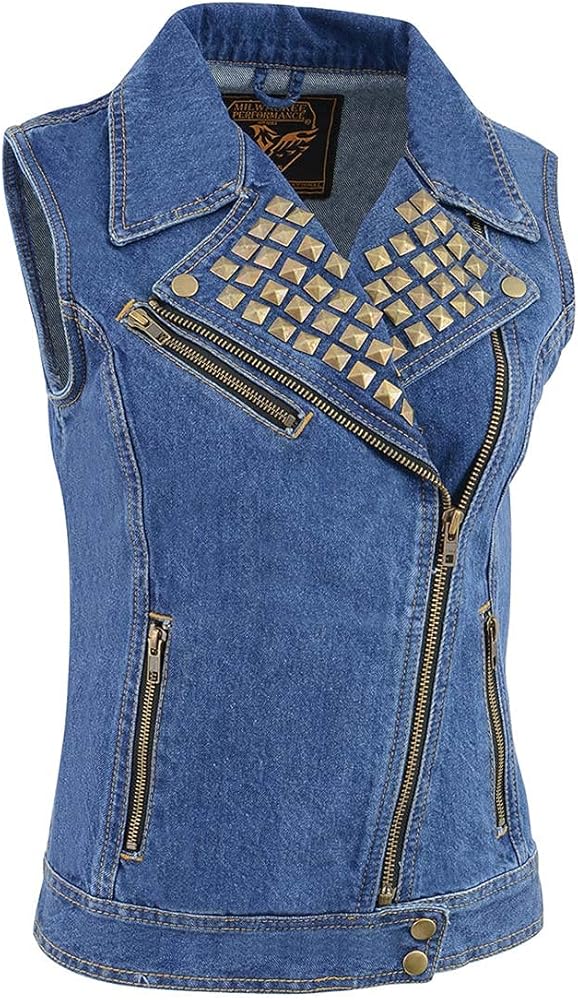 Milwaukee Leather MDL4030 Women's Black Denim Zipper Front Motorcycle Vest with Studded Spikes