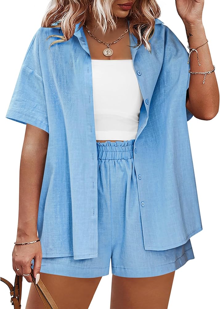 IN'VOLAND Women's Plus Size 2 Piece Tracksuit Outfits Sets Cotton Linen Sets Short Sleeve Shirt Summer Casual Shorts Set