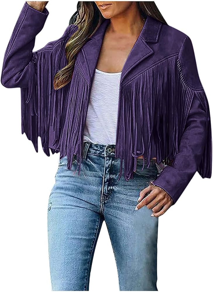 Women's Leather Jacket Faux Suede Fringe Jacket Long Sleeve Lapel Vintage Coats Open Front Tassel Cardigan