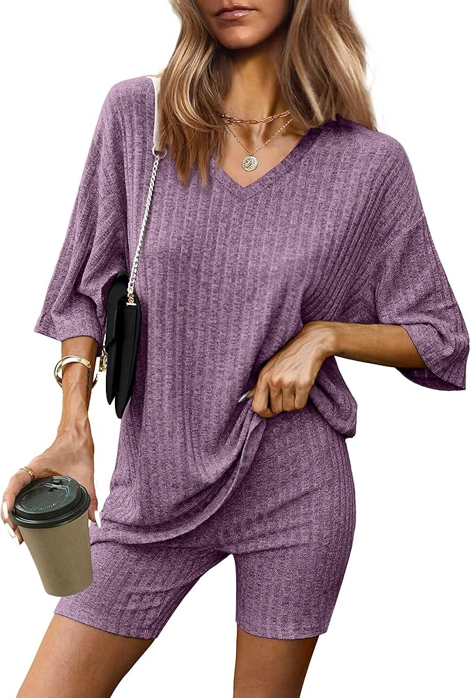 Ribbed Knit 2 Pieces Outfits for Women Pajamas Lounge Sets Oversized V Neck T-shirts Shorts Set with Side Slit