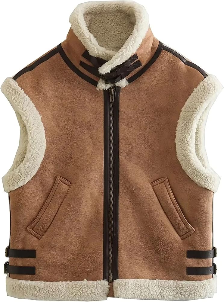 APAFES Womens Winter Fur Suede Vest Stand Collar Sleeveless Fleece Shearling Jacket Coat