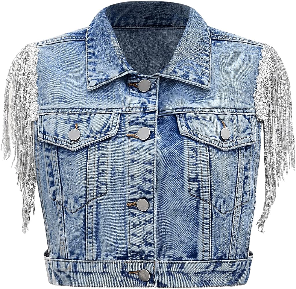 SweatyRocks Women's Fringe Button Down Crop Denim Jacket Sleeveless Collared Jean Coats