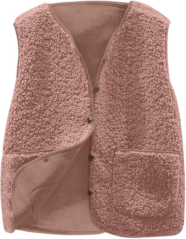 Winter Shaggy Teddy Vest for Women Pocket Coat Short Jacket Fashion Sleeveless Fleece Button Solid Outerwear