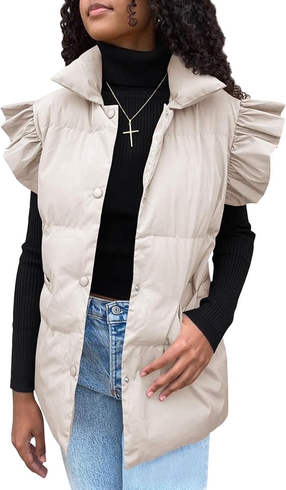 Omoone Puffer Vest Women Ruffle Sleeve Button Down Padded Quilted Puffy Jacket Coat Outwear