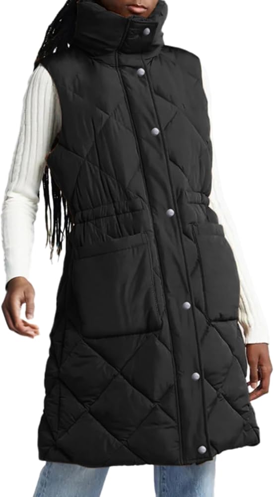 Dokotoo Women's Casual Winter Long Puffer Vest Stand Collar Sleeveless Puffy Jackets Coat with Pockets