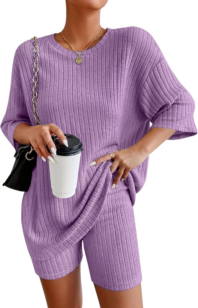 VUTRU Women's Short Pajama Sets 2 Piece Lounge Set Ribbed Knit Matching Outfits T-shirt