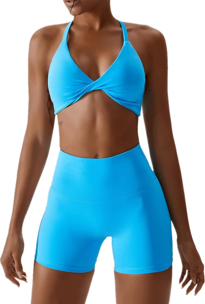 ABOCIW Workout Sets for Women 2 Piece Yoga Outfits Twist Front Halter Sports Bras Tummy Control High Waist Booty Biker Shorts Exercise Gym Sets for Women Light Blue Large