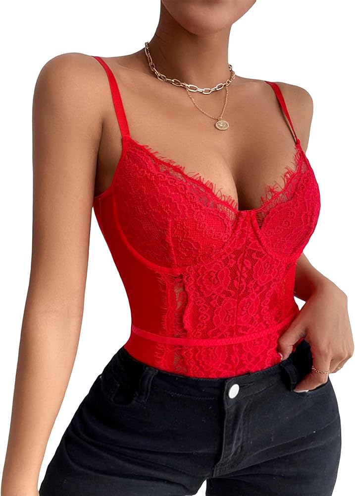 SHENHE Women's Floral Lace Spaghetti Strap Sheer Mesh Sleeveless Cami Bodysuit Tops Red M