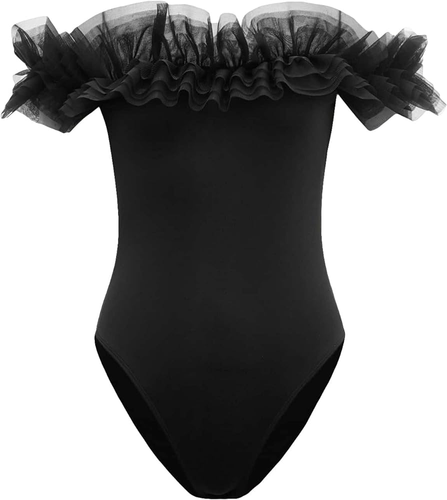 OYOANGLE Women's Ruffle Mesh Off the Shoulder Party Prom Bodysuit Leotard Tops