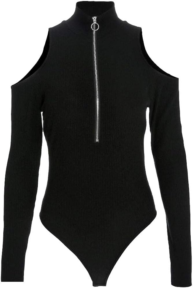 Zipper Turtleneck Top Women Off The Shoulder Bodysuits Long Sleeve