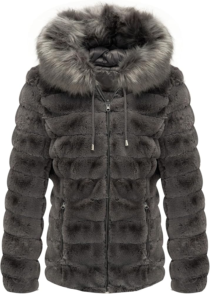 Bellivera Women Double Sided Faux Fur Jacket Spring and Winter Fashion Reversible Hood Puffer Coat with Fur Collar