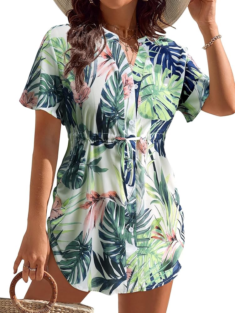 Hubery Women's Bathing Suit Cover Ups Flowy Short Sleeve Swimsuit Coverup V Neck Button Down Hawaiian Shirt Bikini Beachwear