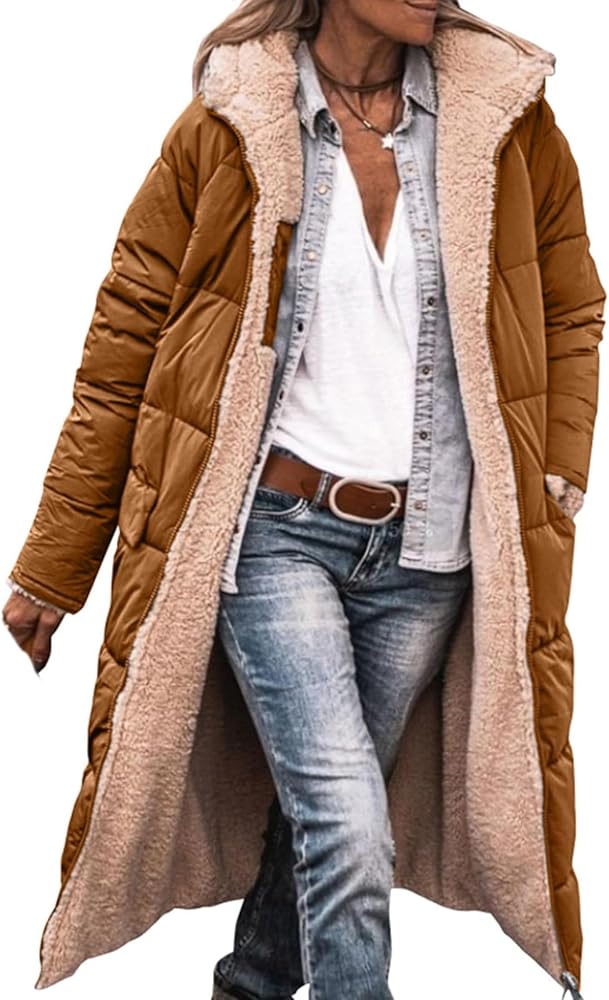 Jackets for Women Reversible Puffer Coats/Vest Sherpa Fleece Zip Hoodie Winter Warm Coat Long Down Outerwear Pocket