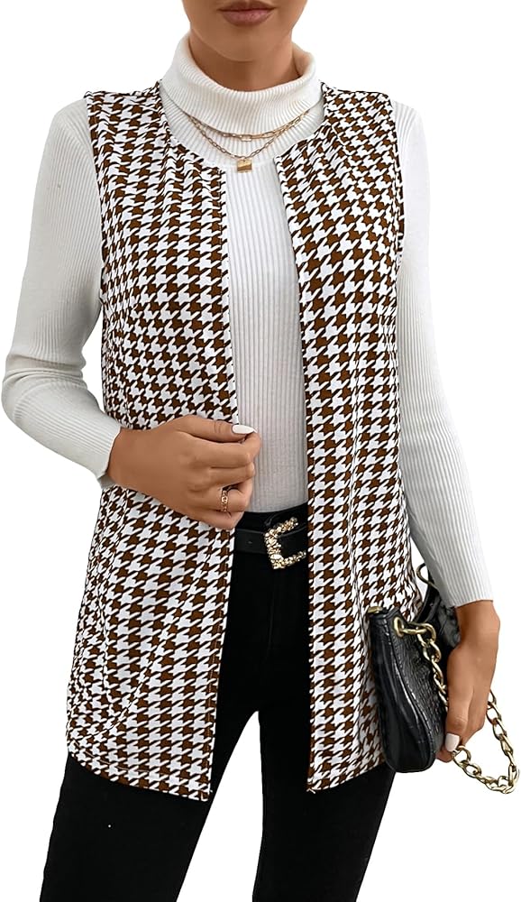 WDIRARA Women's Sleeveless Houndstooth Open Front Elegant Vest Jacket Long Coat