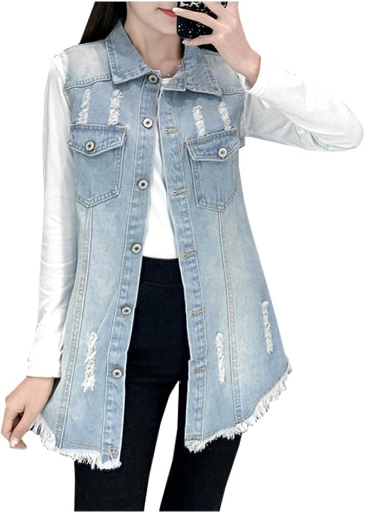 Kedera Women's Distressed Ripped Sleeveless Mid Long Plus Size Denim Jacket Jean Vest Cardigan Coats